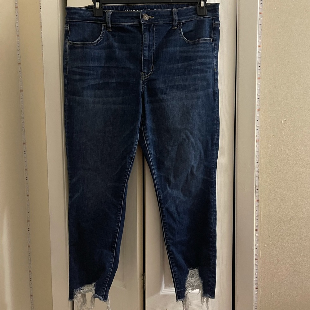 American Eagle Dark Wash Hi Rise Distressed Jeggings Crop Jeans Sz 18